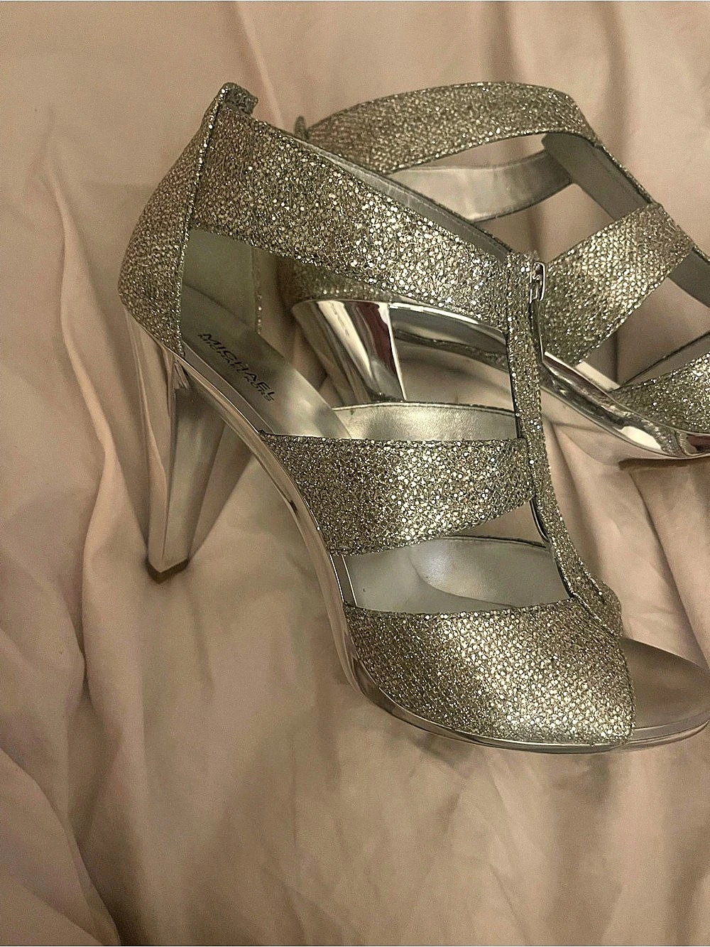 Michael Kors Berkley T-Strap Heeled Sandals Glitter Heeled Sandals Silver